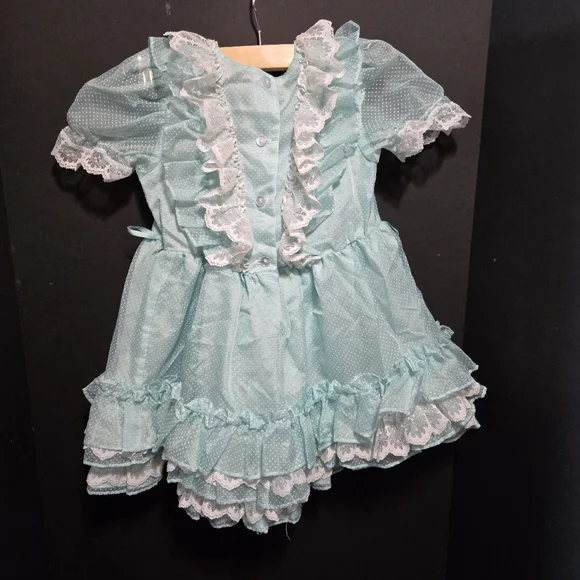 Vtg Mini World Baby Girl Dress Suiss Dot Sheer Ruffle Lace Lt Blue USA